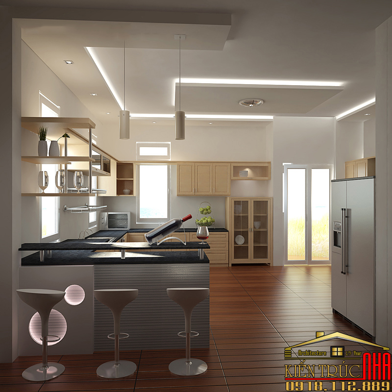 Mẫu Phòng Bếp Đẹp Có Quầy Bar Và Sàn Giả Gỗ | PB09